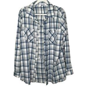 White Birch Cotton and Linen Blue and White Plaid Button Down Top Size Large